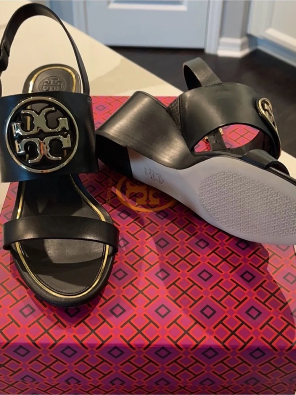9 Tory Burch Metal Miller 65MM Wedge in Vegan Leather